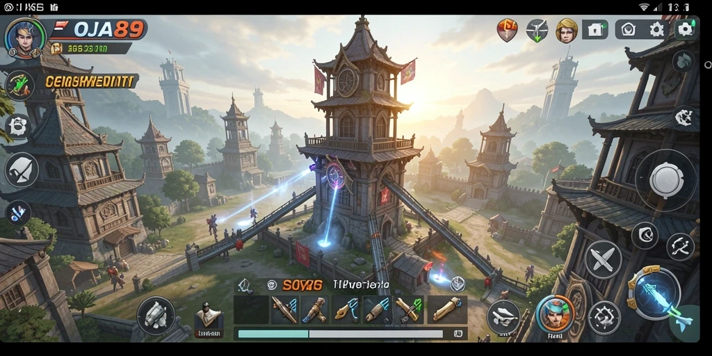 Screenshot utama OJA89 menampilkan aksi pertahanan menara yang mendebarkan.
