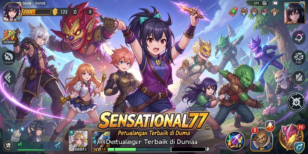 Tampilan gameplay SENSATIONAL77 dengan karakter anime penuh warna.