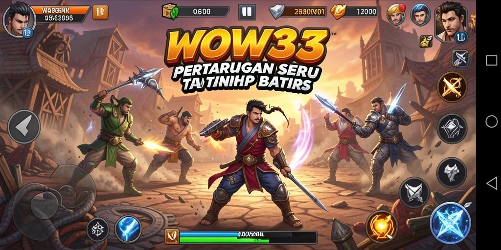 Screenshot utama WOW33 menampilkan pertarungan karakter dalam aksi.